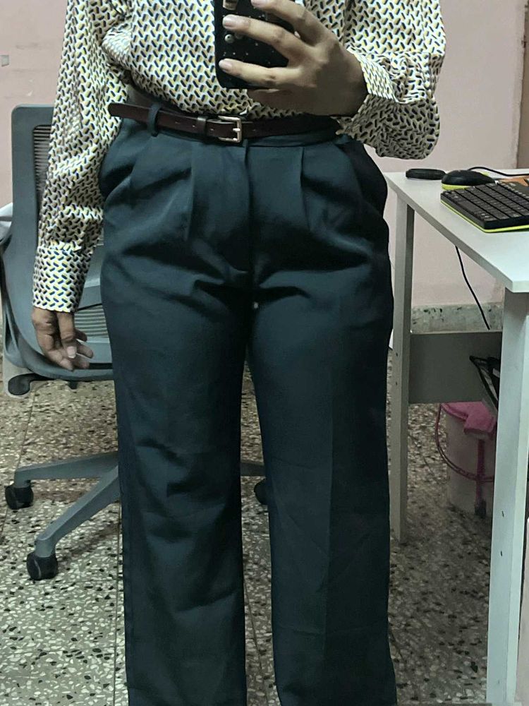 Grey Pleated Straight Fit Trousers