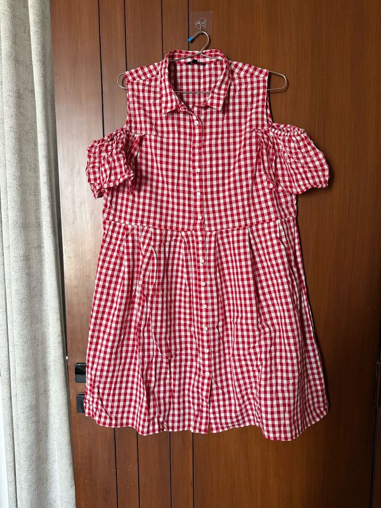 Red Check Casual Knee Length Dress