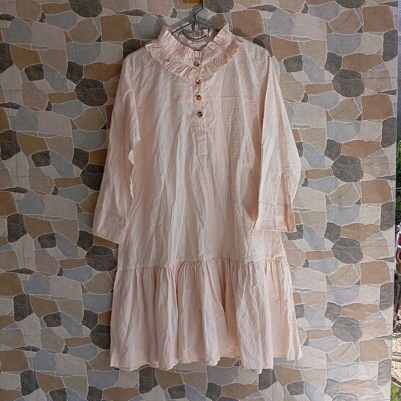 Ruffled Neck Tiered Mini Dress - Light Peach