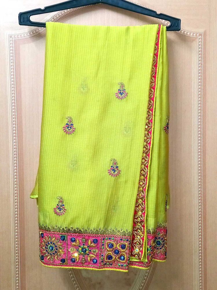 Lime Green Heavy Border Work Saree