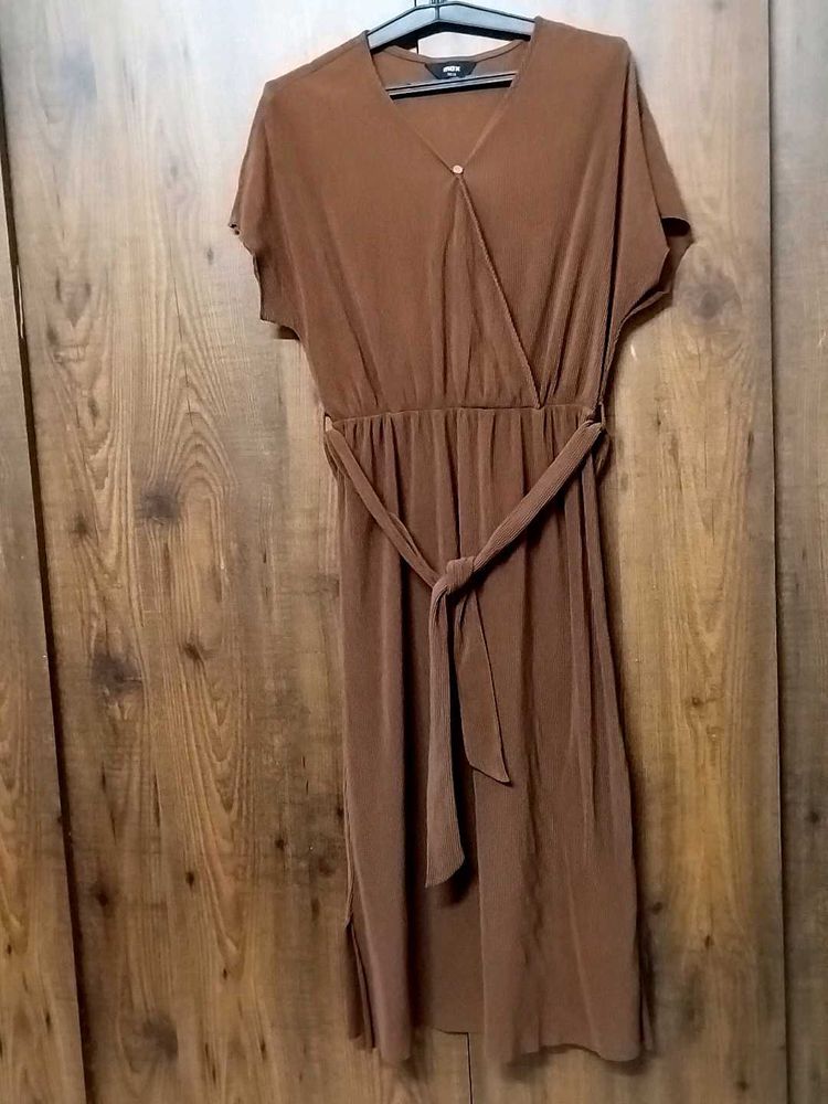 Women Stretchable Brown Corduroy Long Dress
