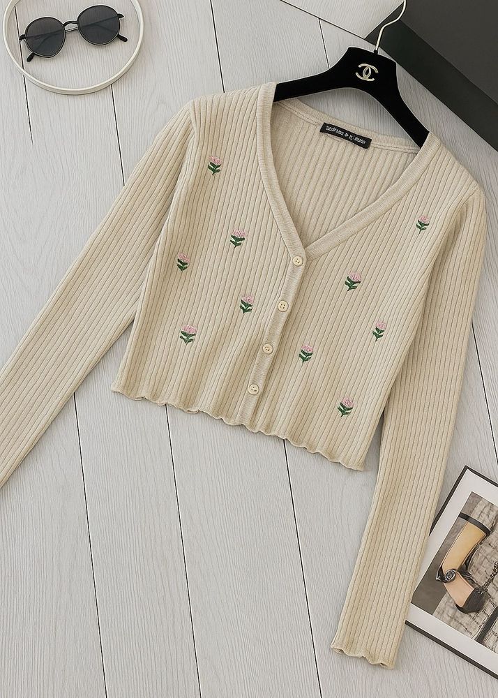 Cute Floral Ribbed Crop Cardigan 🌸College Fit