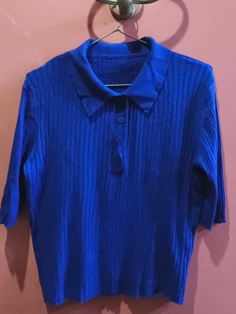 Blue Ribbed Knit Polo