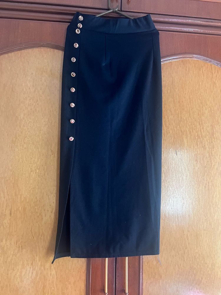 Black Pencil Skirt with Gold Buttons