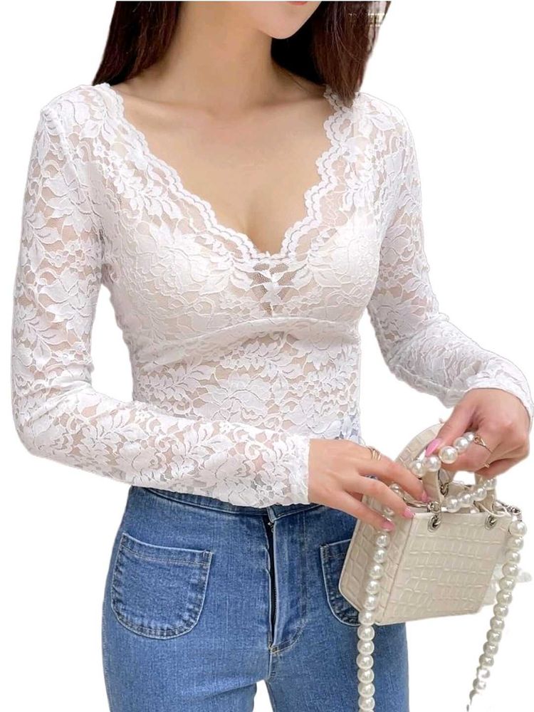HERE &amp; NOW White Lace Long Sleeve Crop Top Women