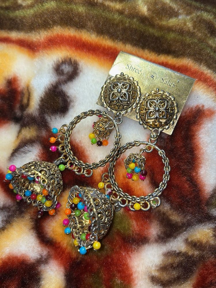 Jhumka Earrings with Colorful Beads