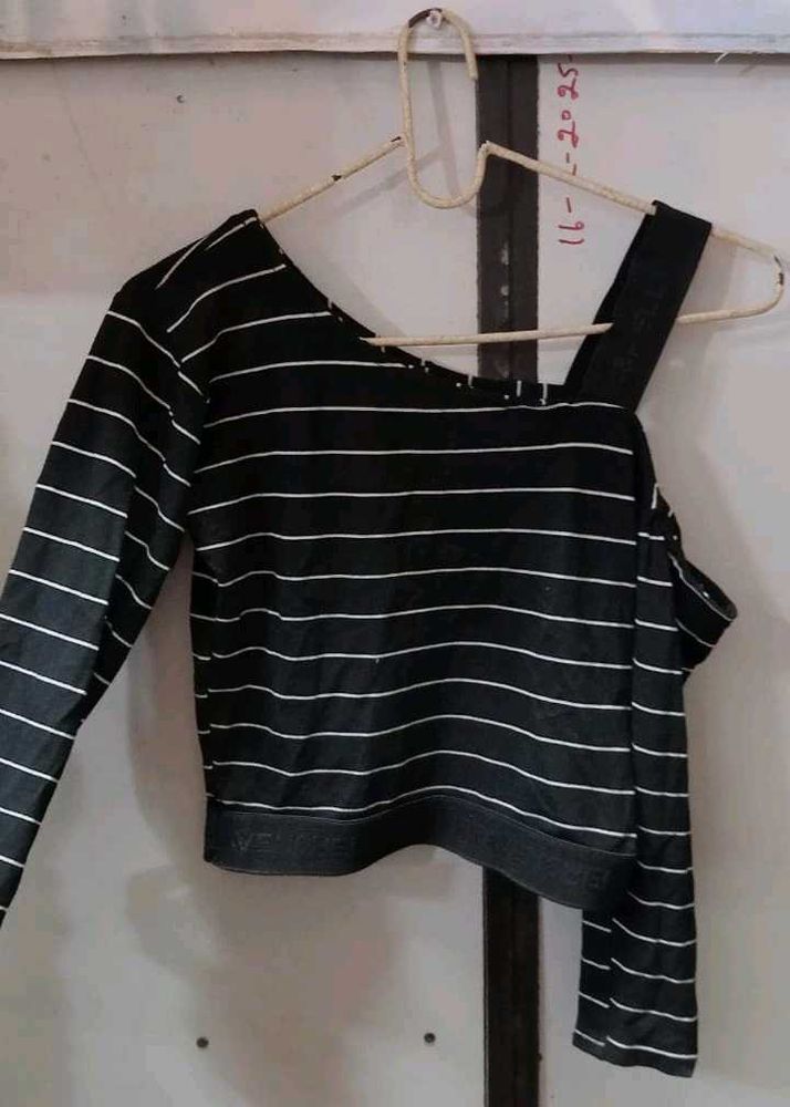 One Shoulder Check Print Crop Top