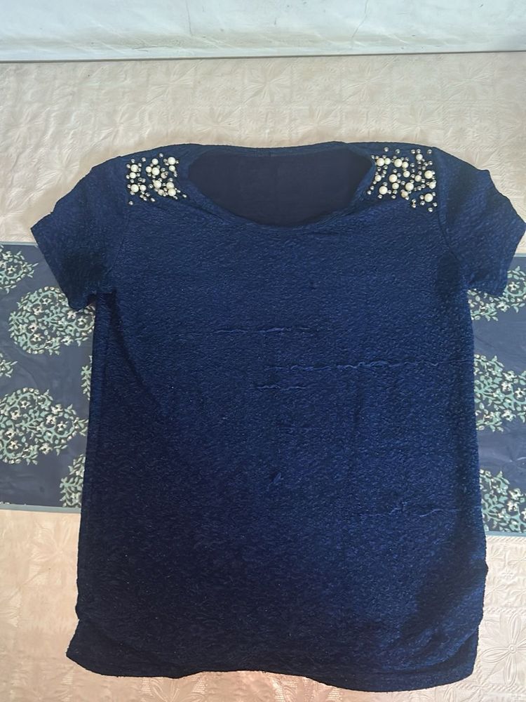Navy Pearl Embellished Top
