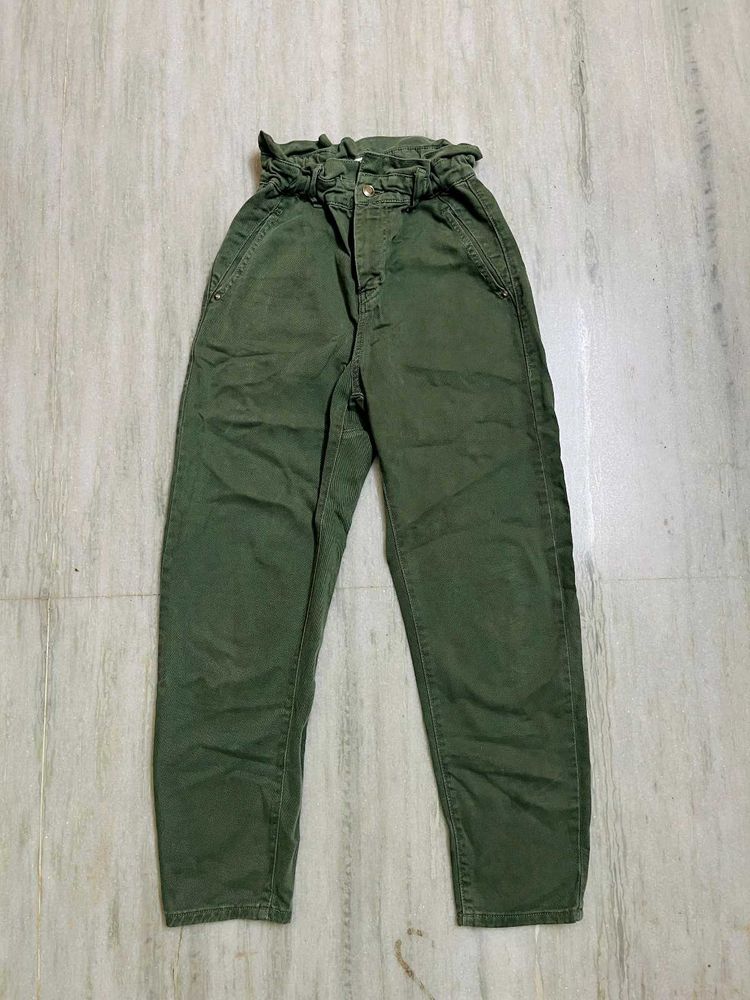 Zara Olive Green Ruffle Waist Denim Pants