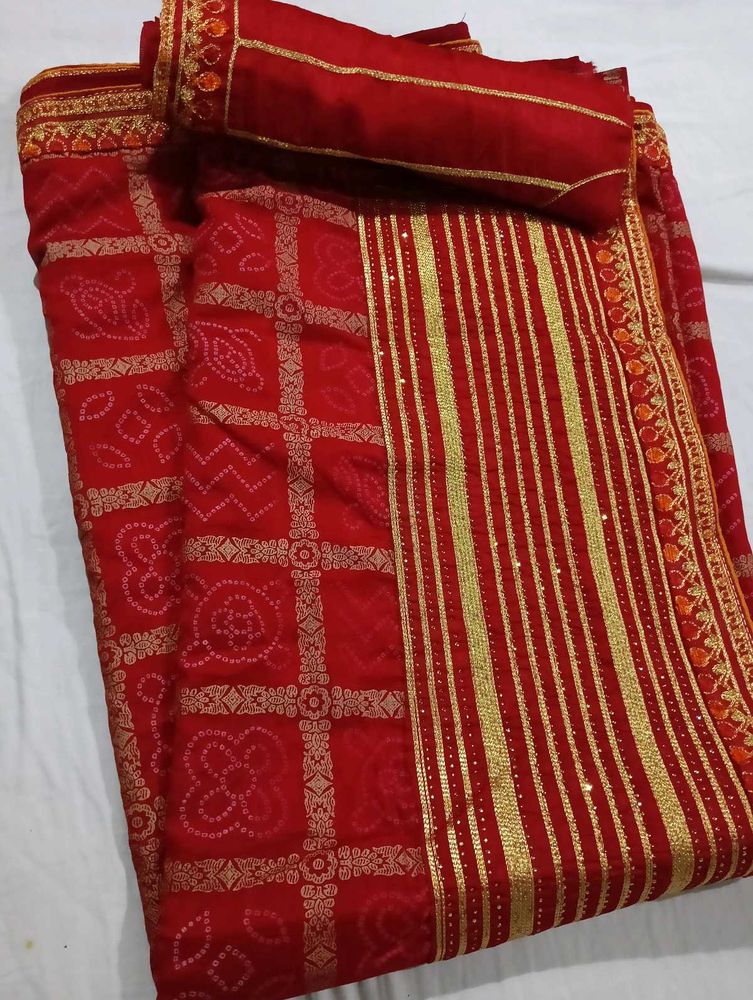Red Saree With Golden Print Work