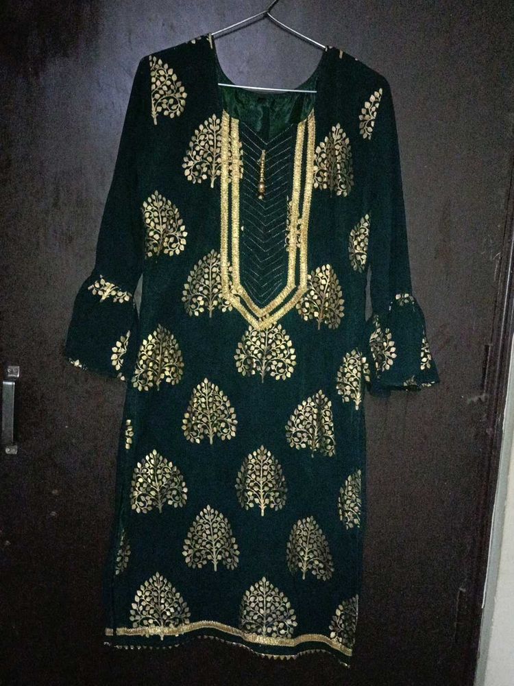 Emerald Green &amp; Gold Velvet Kurti