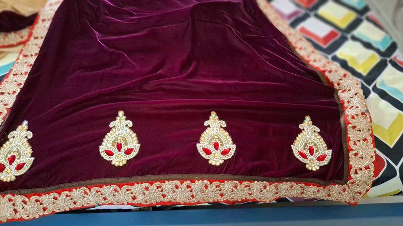 Maroon Velvet Saree with Embroidery