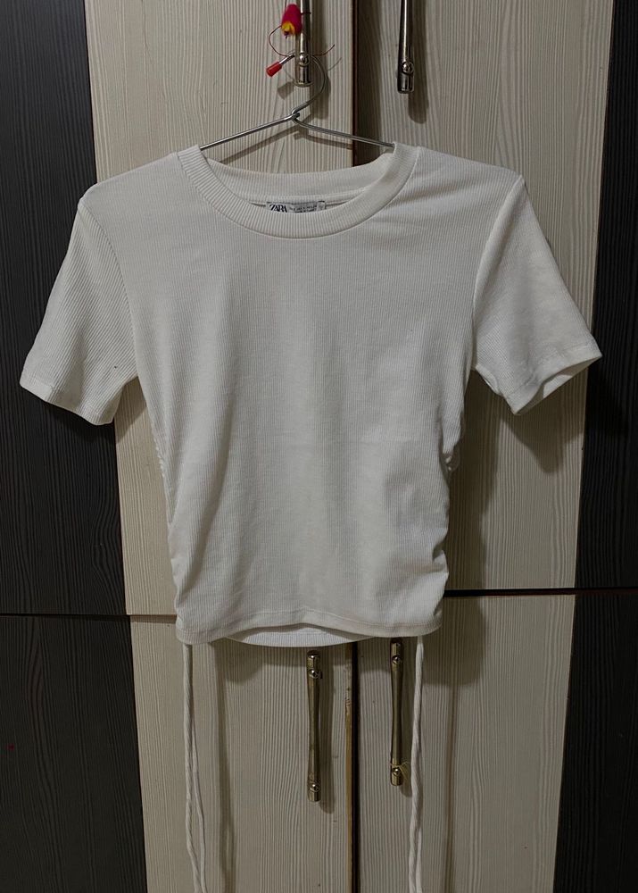 Zara White Ribbed Tie top