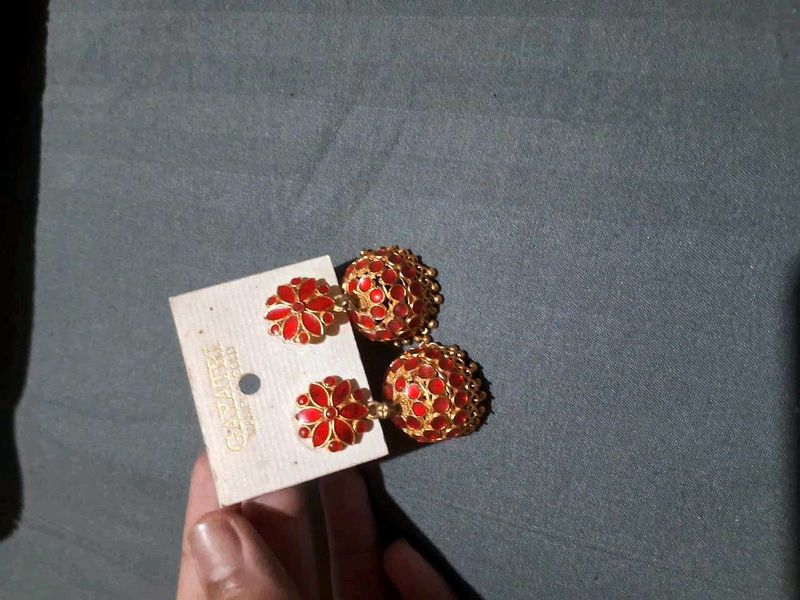 Red And Golden Combination Earring