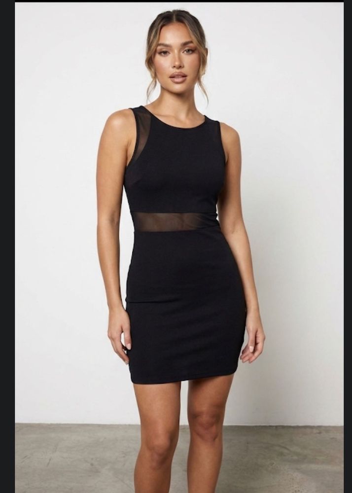 Mesh Panel Black Mini Dress