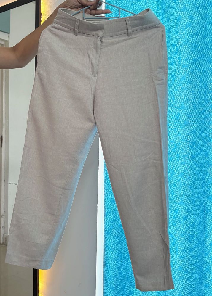 Beige Cropped Linen Pants