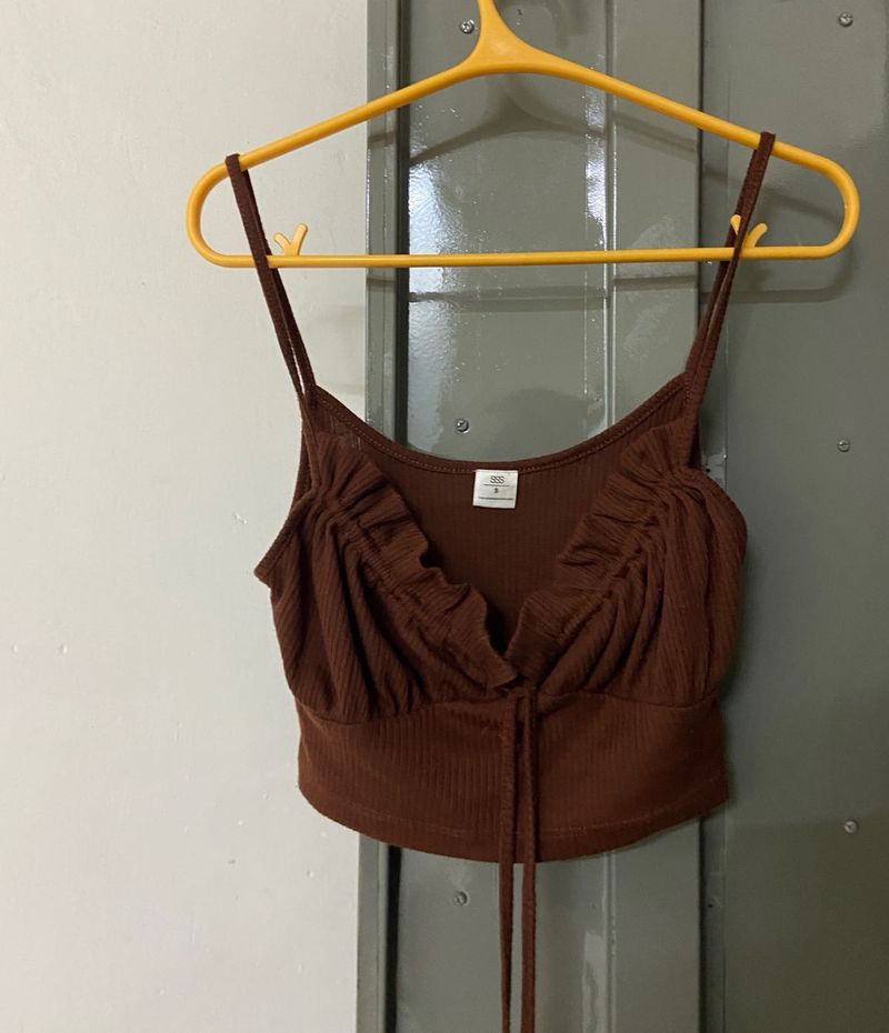 Brown Ribbed Ruffle Cami