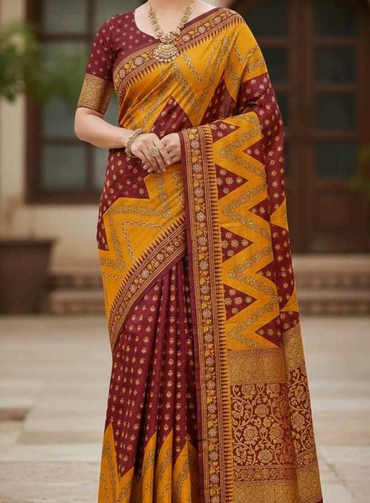 Elegant Yellow &amp; Maroon Printed Saree