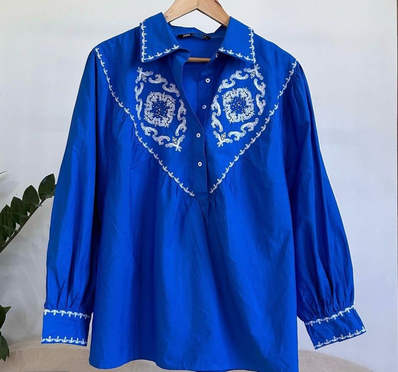 Zara Blue Embroidered Top