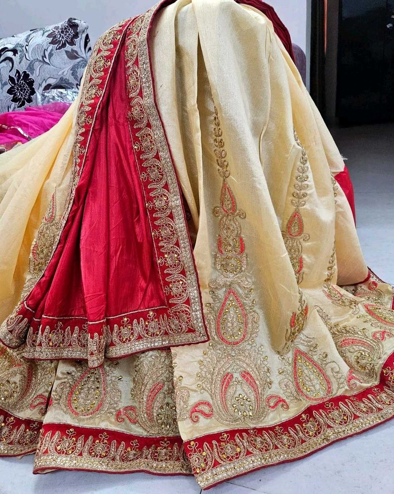 Beautiful Red Cream Silk Saree