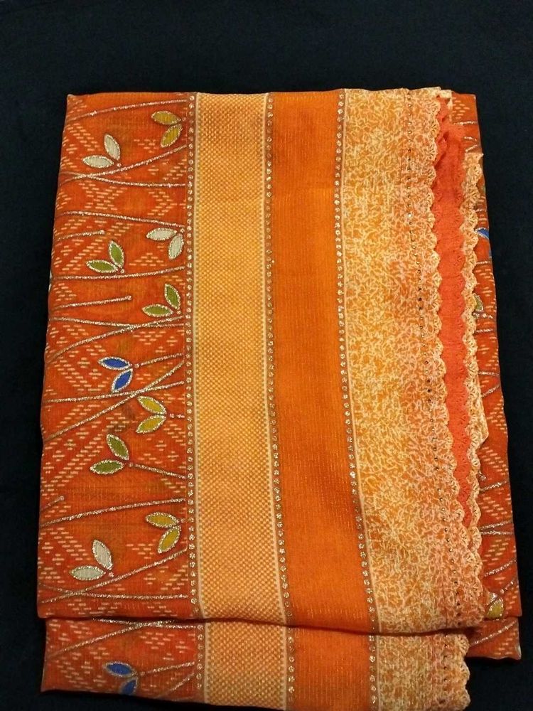 Orange Leaf Print Sari with Lace Border