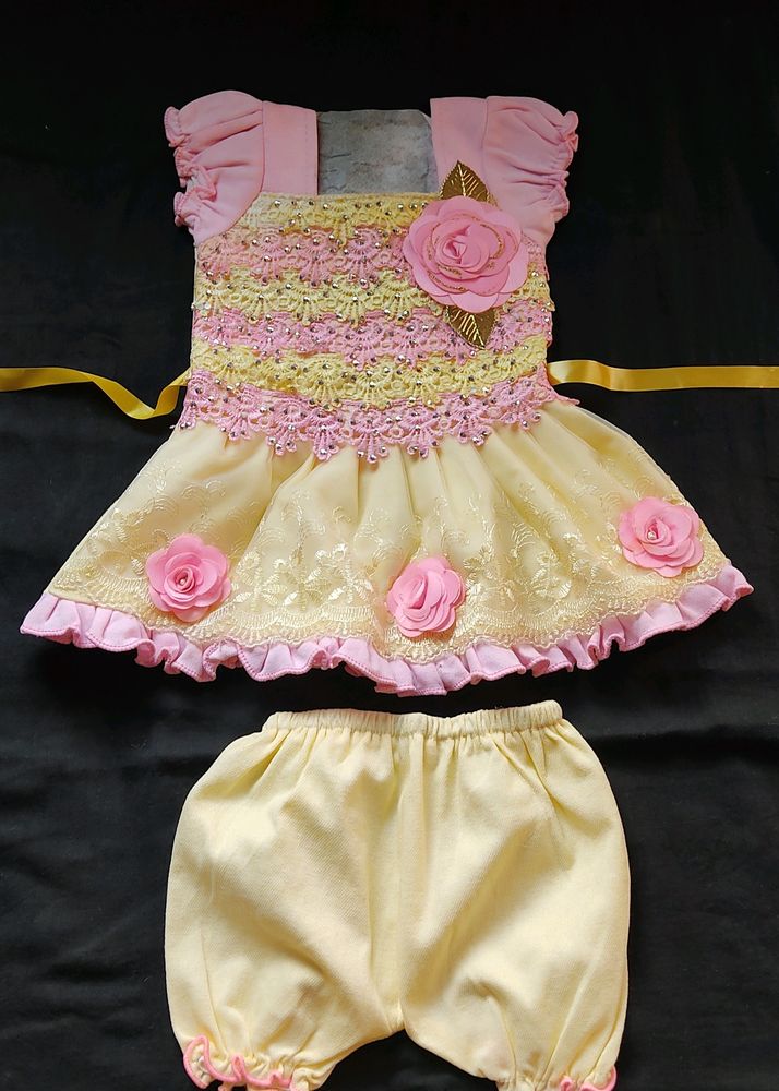 Lemon Yellow And Baby Pink Frock