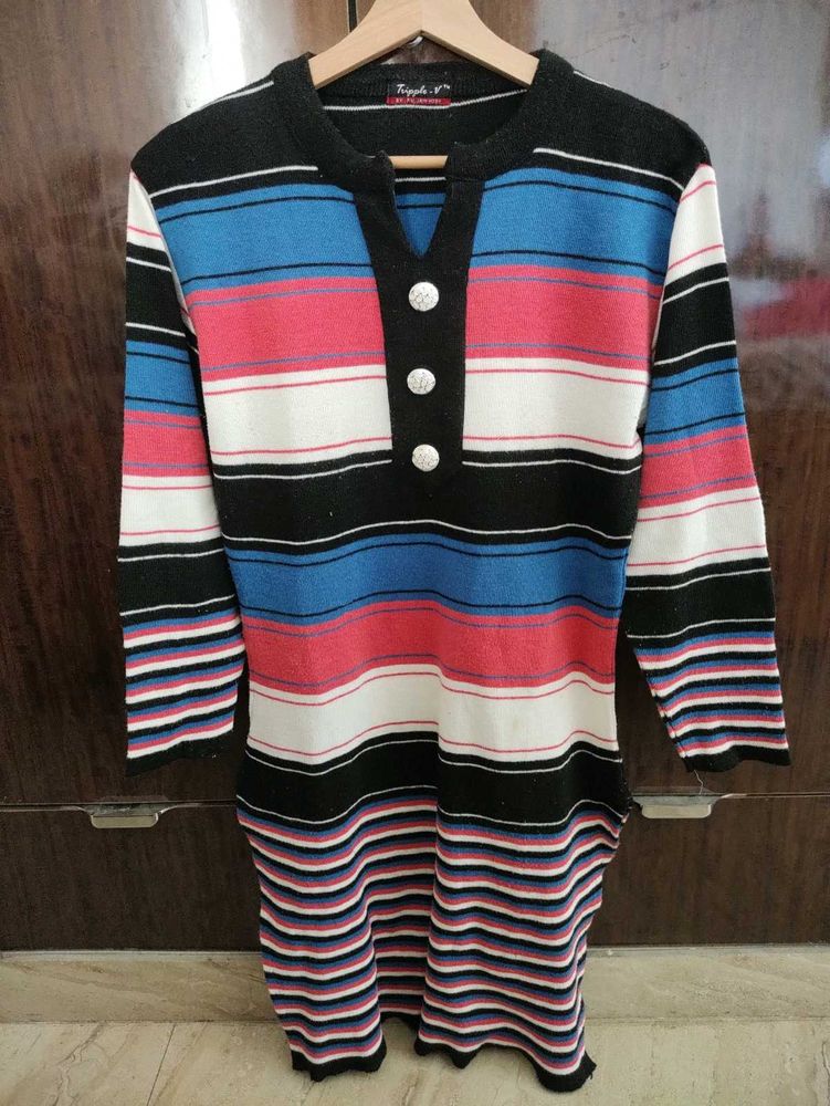 Striped Knit Full Sleeve Winter Kurta for Women
