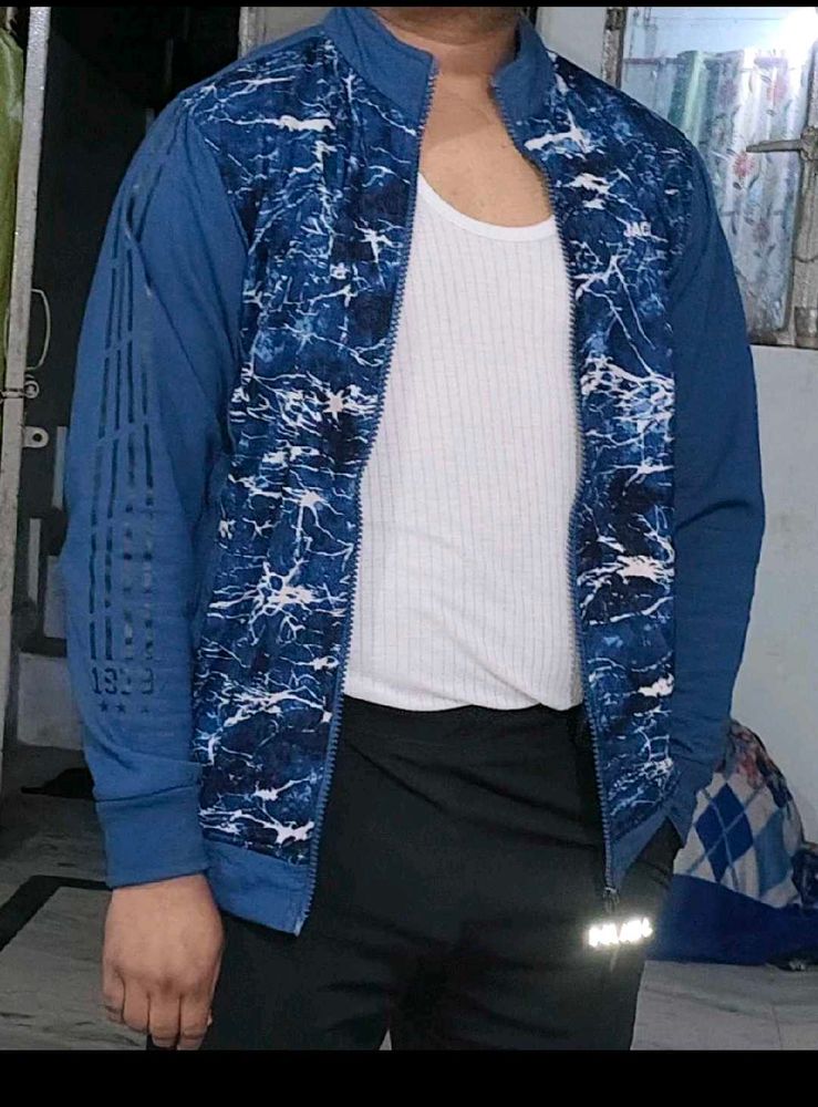 Blue Patterned Zip-Up Jacket
