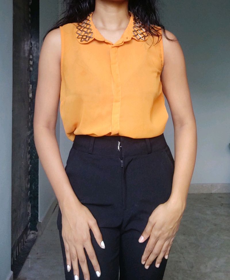 Orange Embroidered Coller Shirt