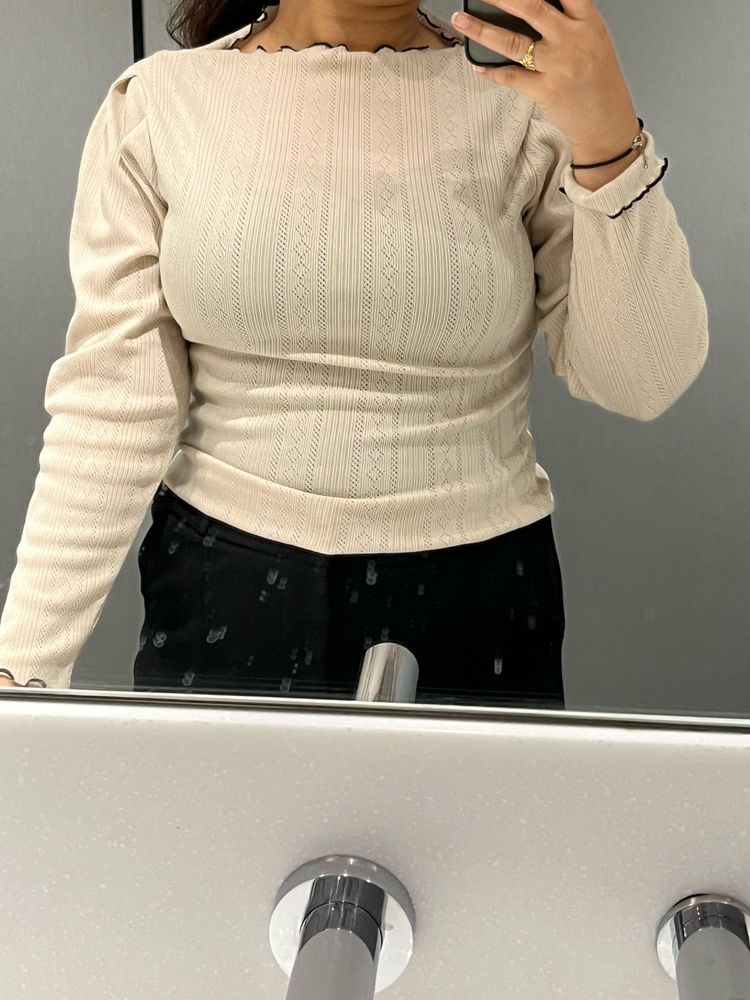 Cream Ribbed Knit Top