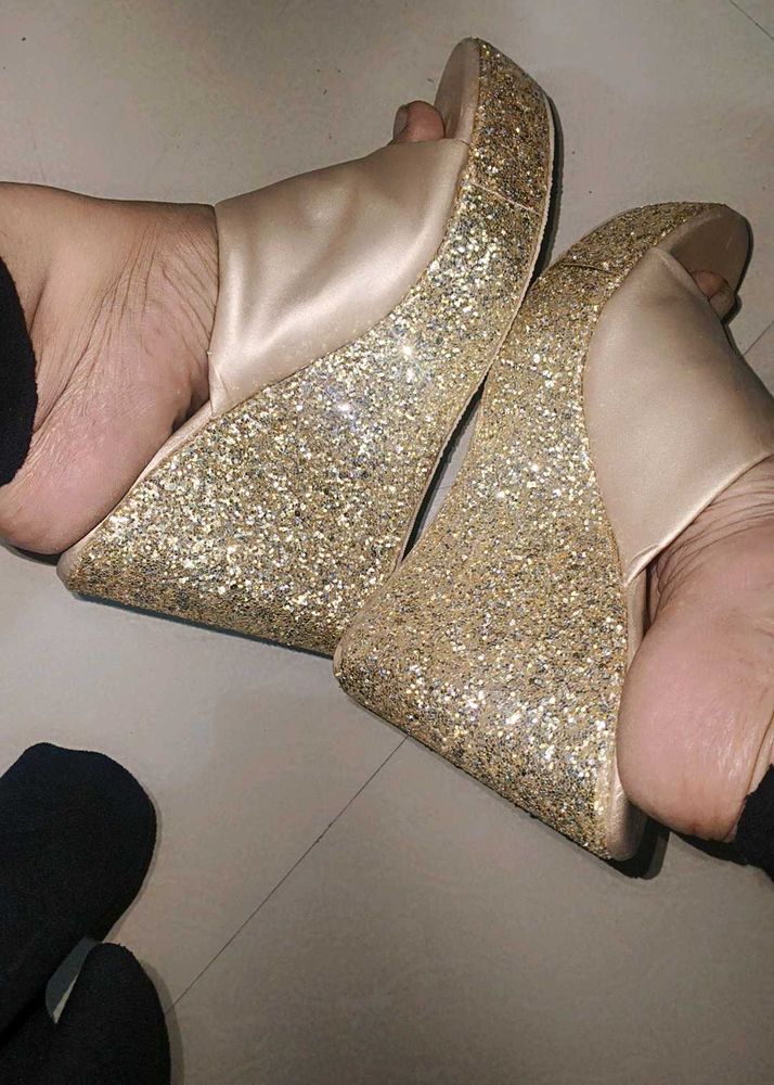 golden shimmer wedge heel sandal