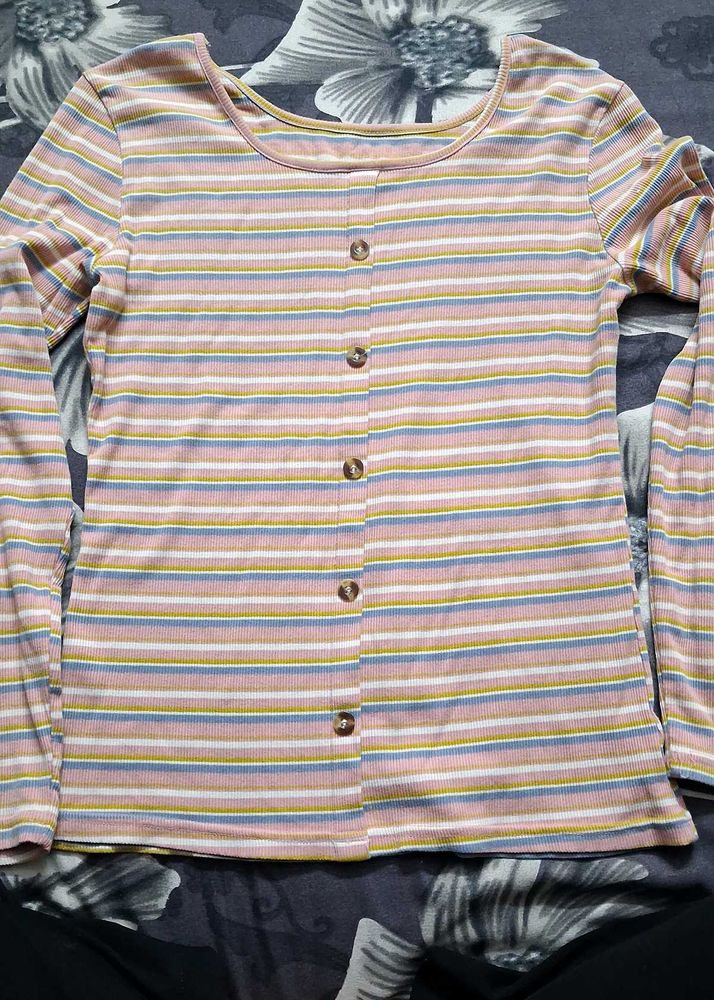 Striped Button-Front Long Sleeve Top