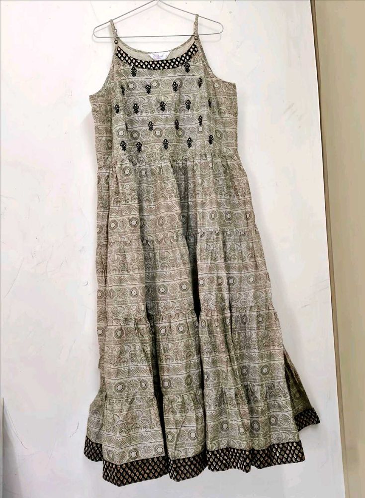 Ethnic Print Beige Flared Summer Dress