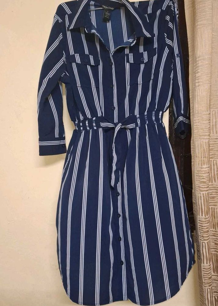 Striped Shirtdress with Tie Waist
