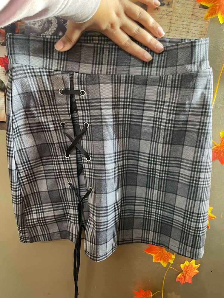 Plaid Mini winter Skirt with Lace-up Detail