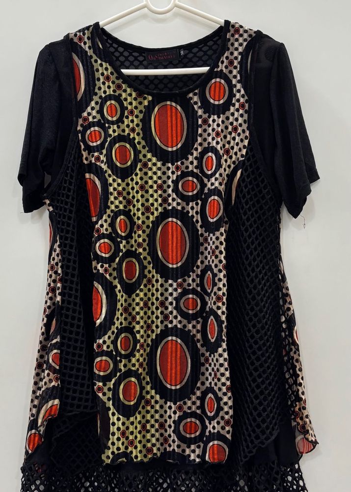 Black &amp; Multicolor Printed Net Layered Top