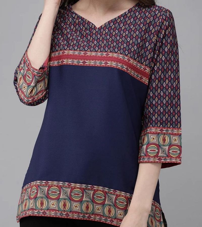 Patterned Navy Blue Tunic Top