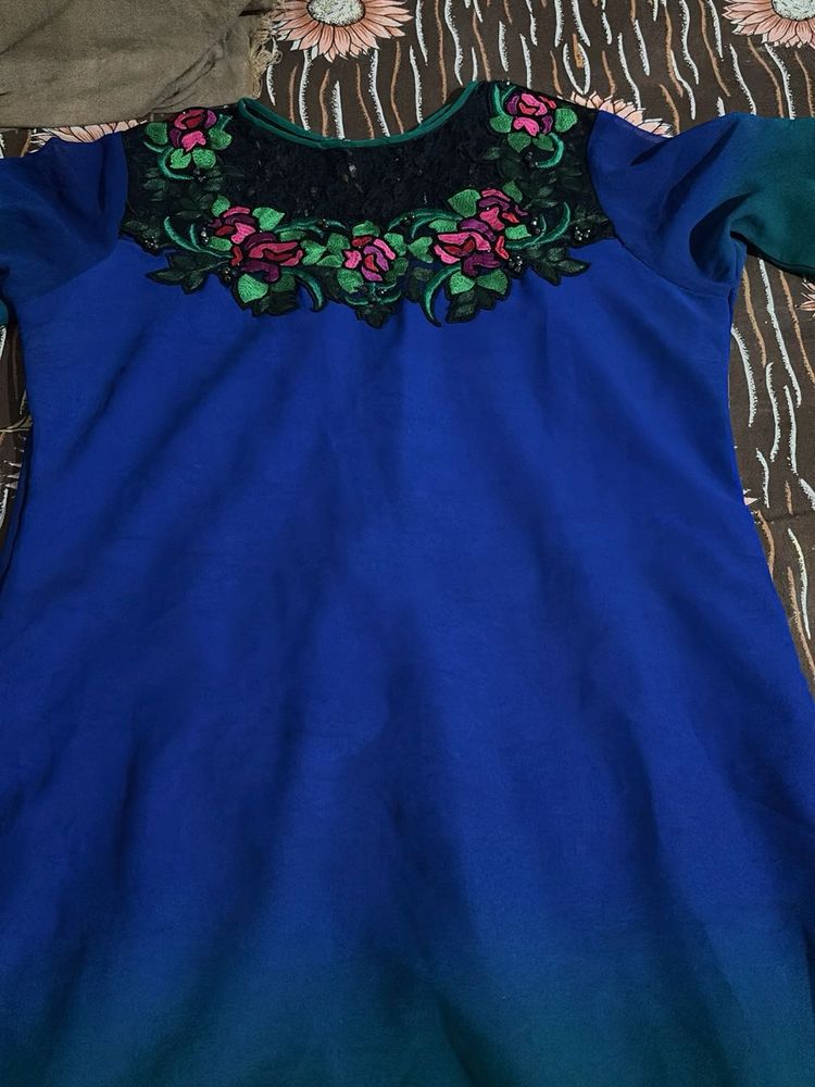 Blue Kurta with Floral Embroidery