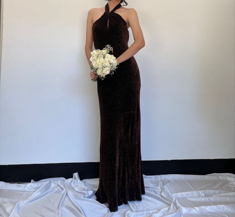 Luxury Brown Halter Maxi Dress