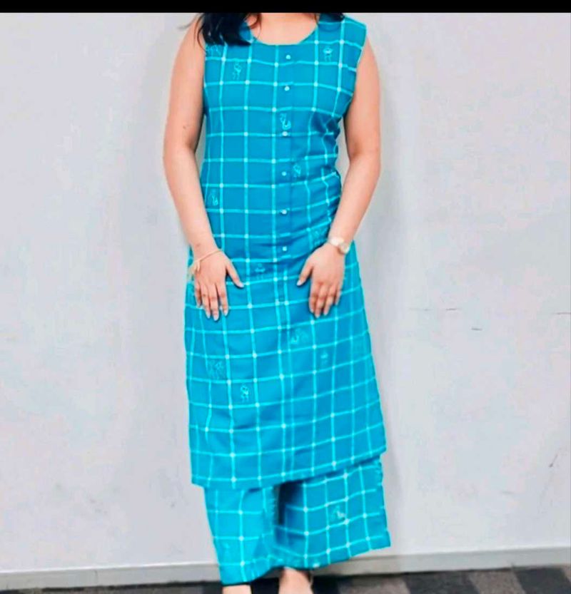 Blue Plaid Kurti Pant Set