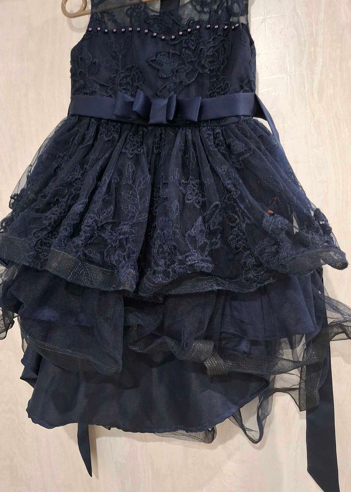 Navy Blue Color Self Embroidered Net Frock