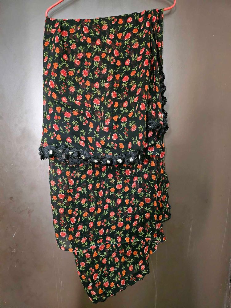 Floral Print Black Saree with red blouse