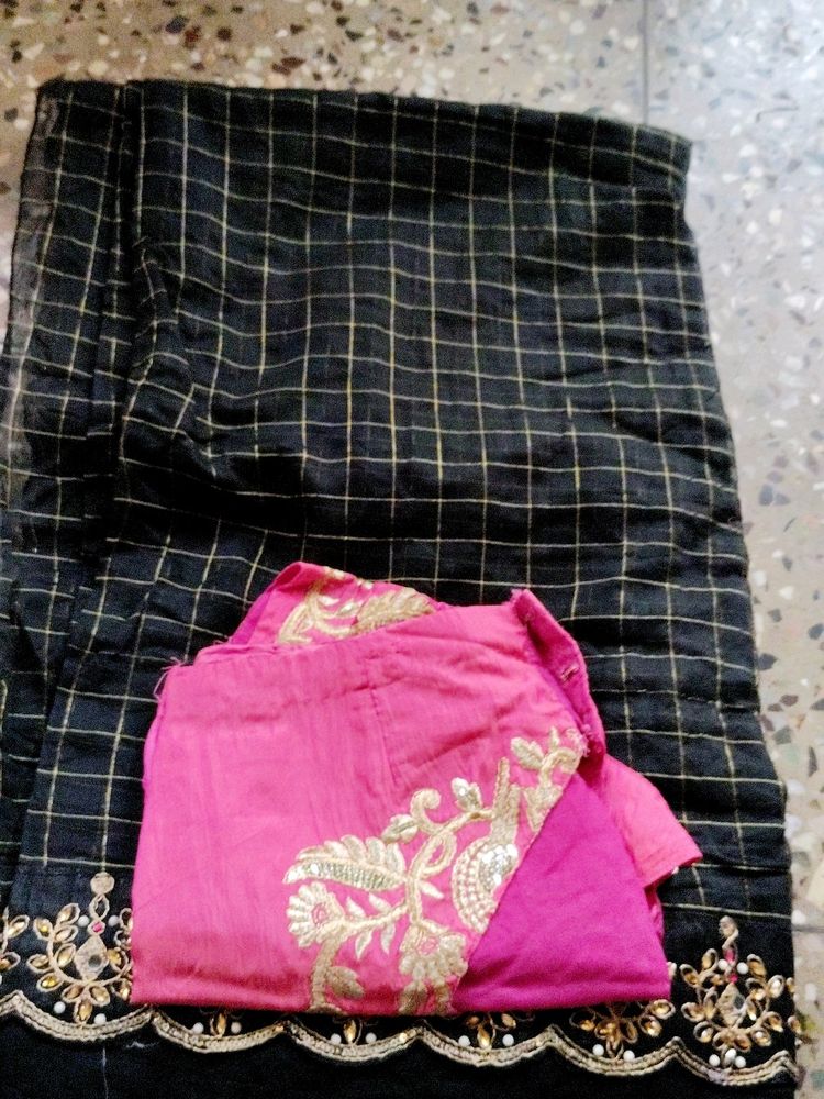 Cut Work Saree With Blouse Black And Pink
