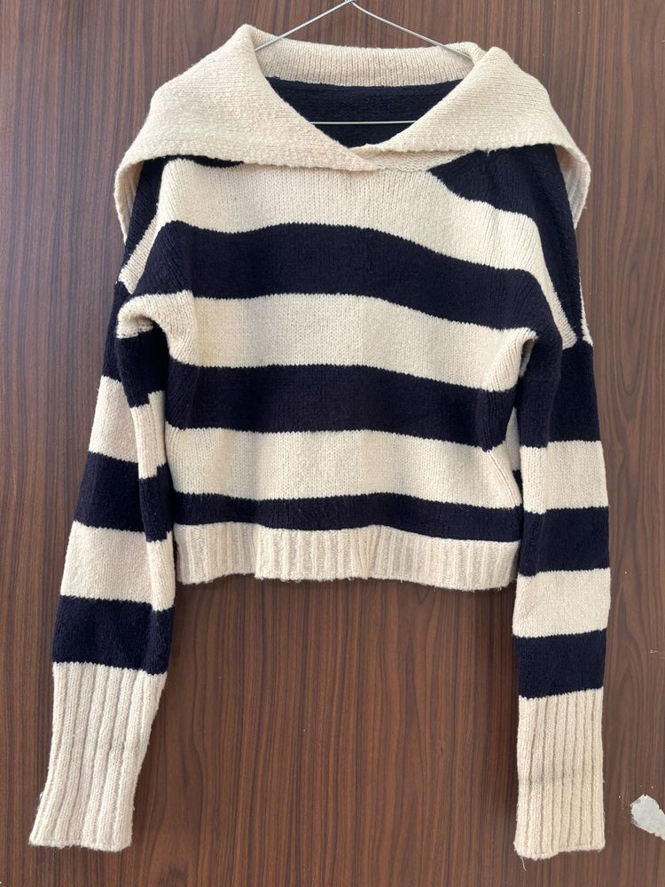 Striped Beige &amp; Dark Blue Knit Sweater