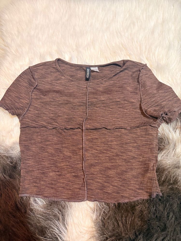 Brown Ribbed Crop Top