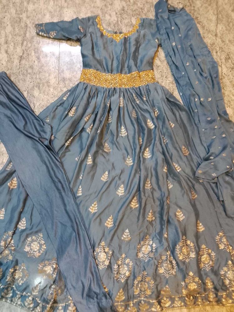 Elegant Grey &amp; Gold Anarkali Suit