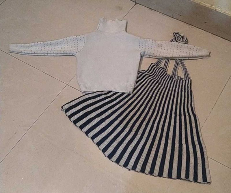 Trendy Woolen High Neck Top &amp; Skirt For Girl Kid