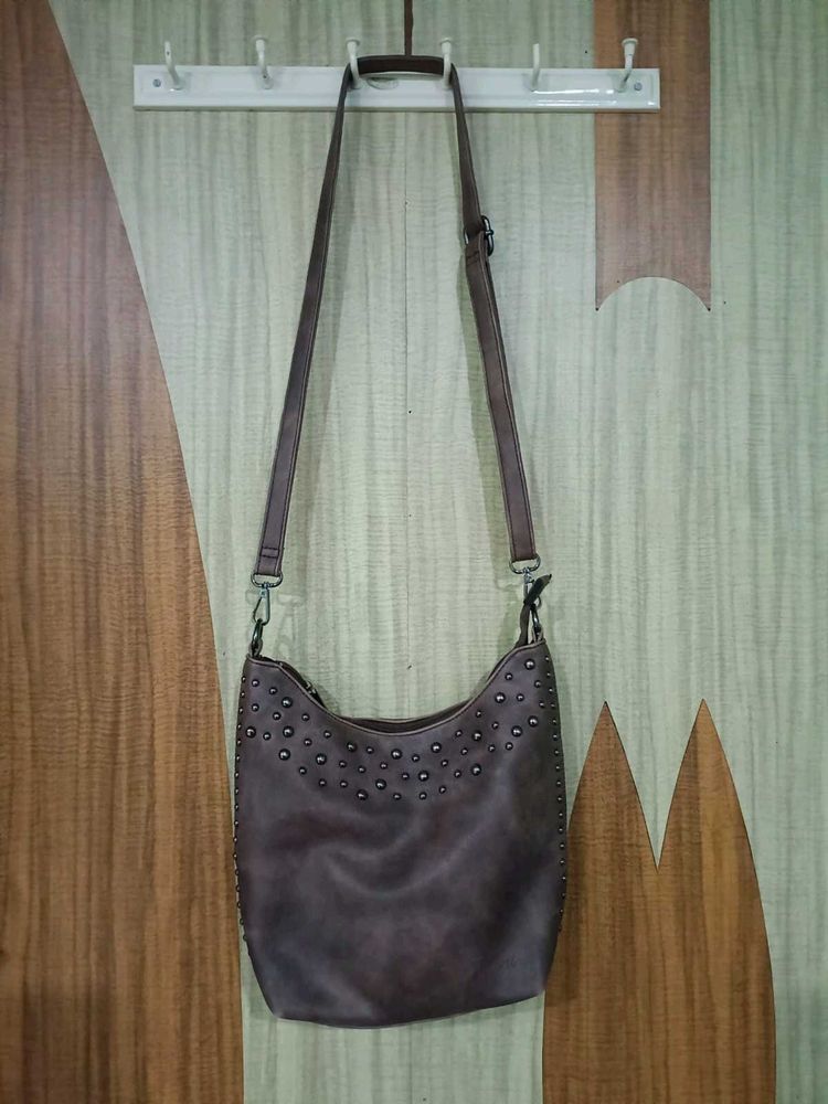 Brown Leather Shoulder Bag with Studded Design |