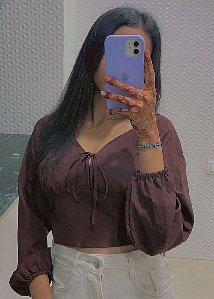 Brown Crop Top with Tie Detail