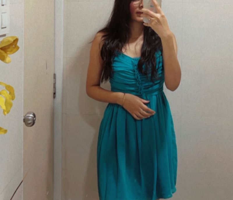 Teal Ruched Dress With Adjustable Straps And Zip